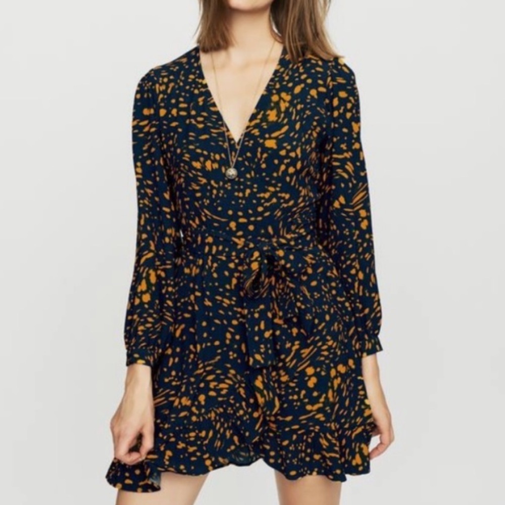Maje Rosetta Swirl Wrap Dress Long Sleeve Ruffle Size 3 / Large